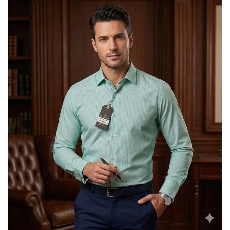 Camisa Social Listrada Slim Elegante Manga Longa Masculina