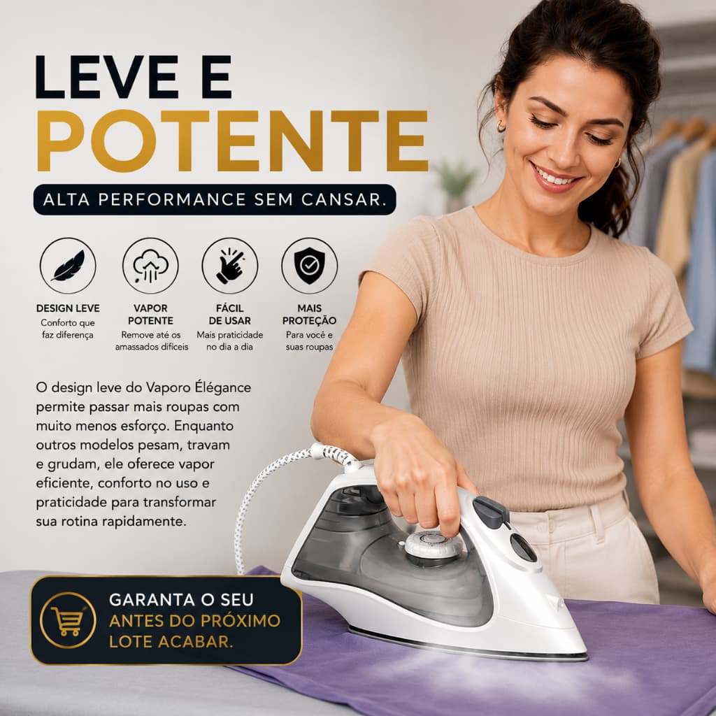 Ferro de Passar a Vapor Vaporo Élégance 127V ou 220V Base Cerâmica Antiaderente Leve e Potente
