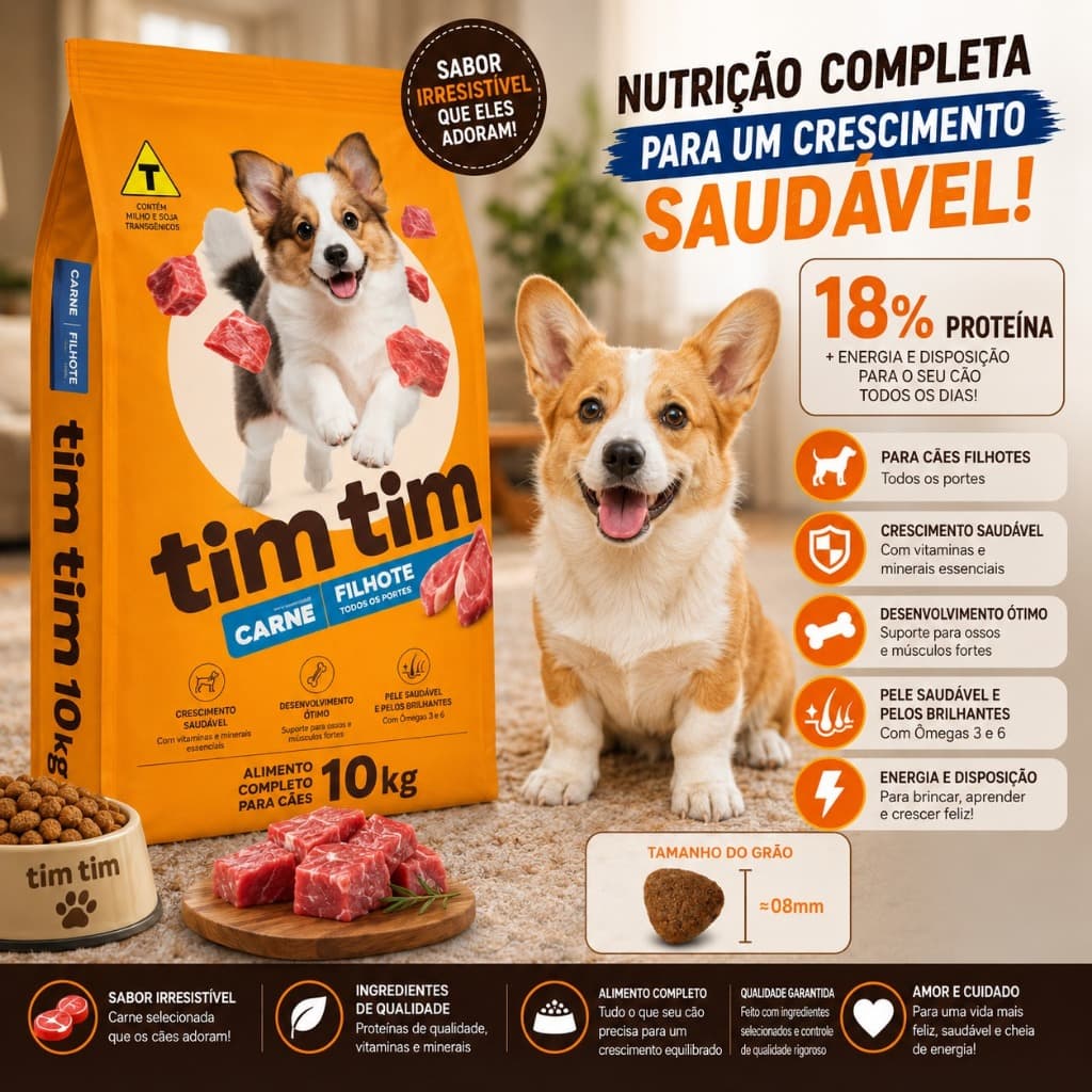 Ração Cachorro Filhotes 10kg Sabor Carne Tim Tim Dog