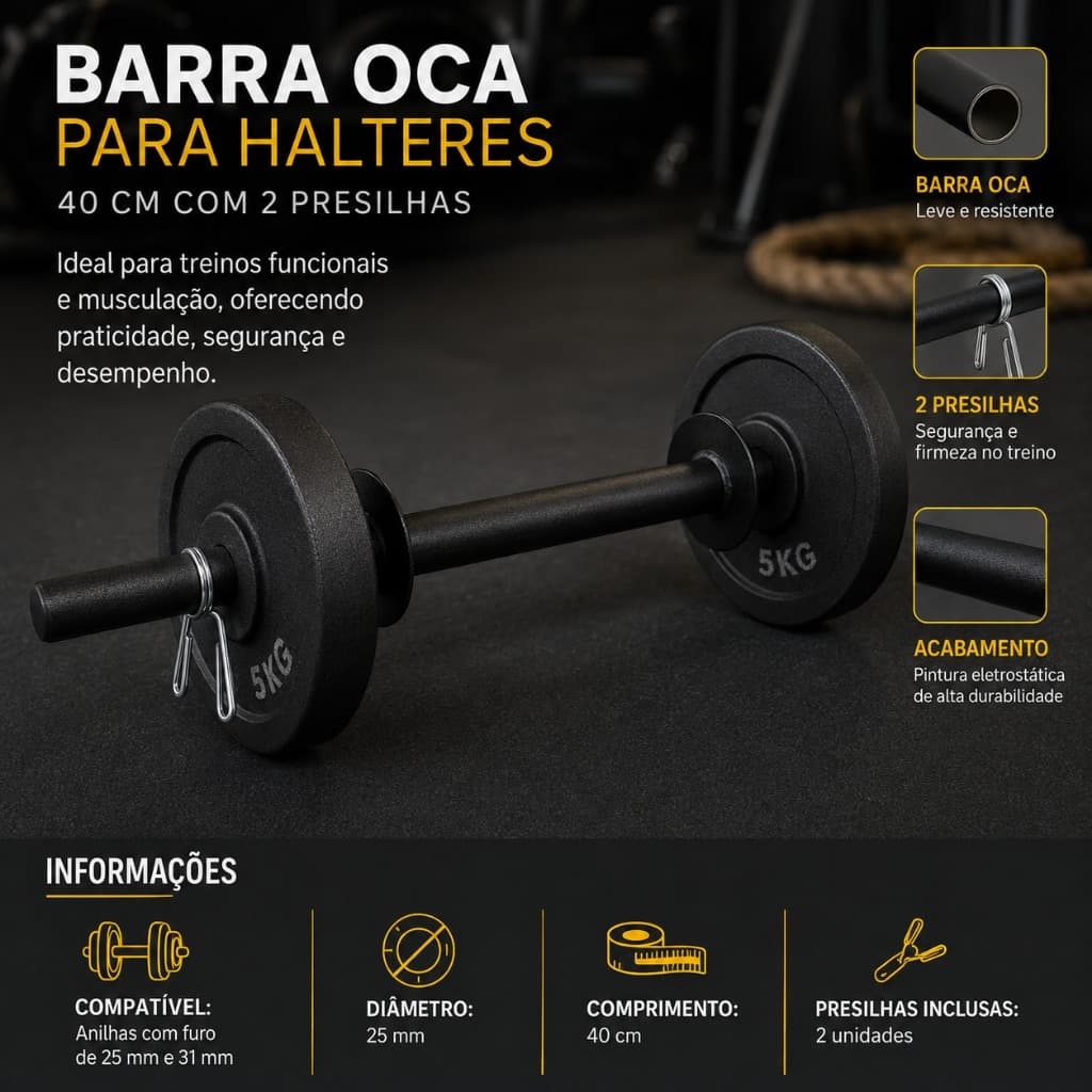 Barra Oca Halter 40cm com 2 Presilhas Musculação Academia Anilhas 50kg