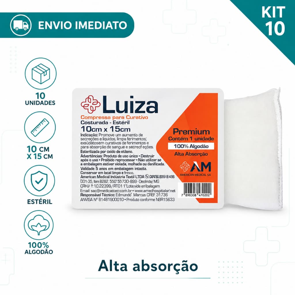Kit com 10 - Compressa De Gaze Algodonada Estéril 10cm X 15cm - Envio Imediato