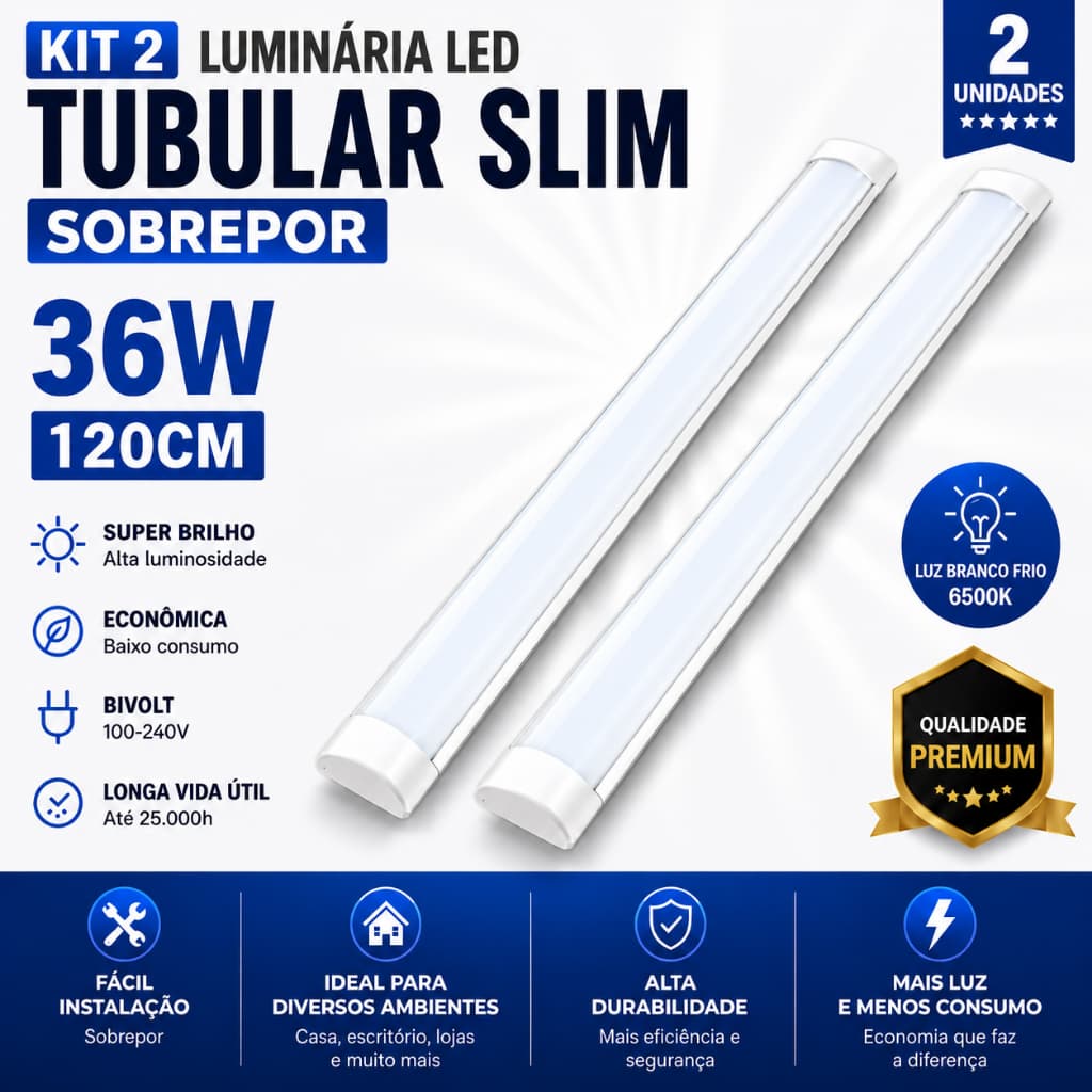 Kit 2 Luminárias LED Sobrepor 36W 120cm Slim Branco Frio Tubular Econômica Cozinha Quarto Loja