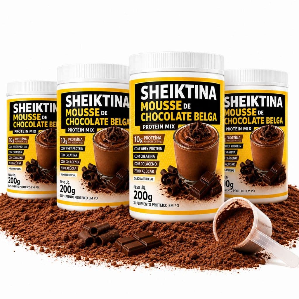 4 Sheiktina Mousse Chocolate Belga 200g | Protein Mix Zero Açúcar – Whey Protein + Creatina + Colágeno | Supl. Proteico