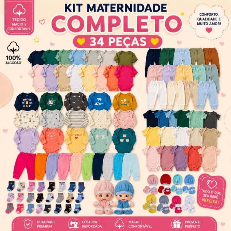 Kit 34 Peças roupa de bebê menina e menino saida de Maternidade enxoval 100% algodão
