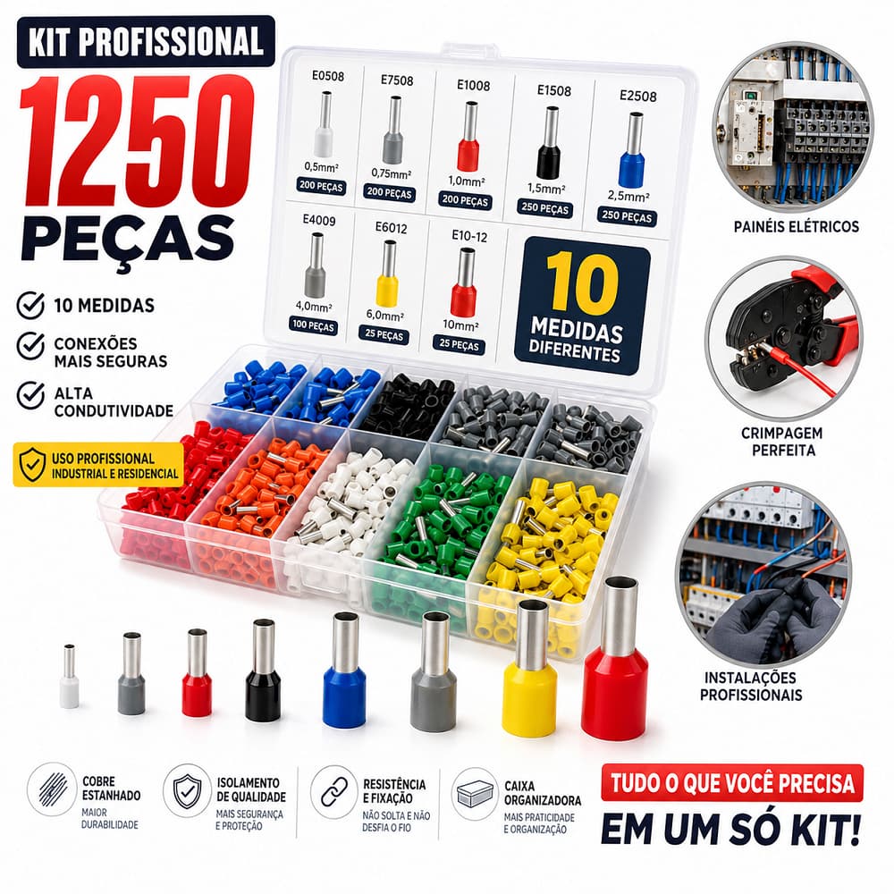 Kit 1250 Terminais Elétricos Tubular Ilhós Isolado Com Caixa