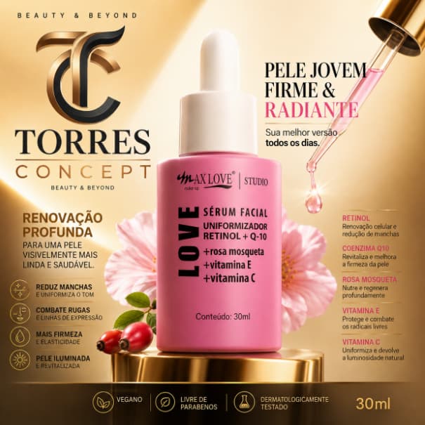 Sérum Facial Retinol + Q10 Max Love Rosa Mosqueta Clareador Antirrugas Vitamina C E Anti-idade 30ml