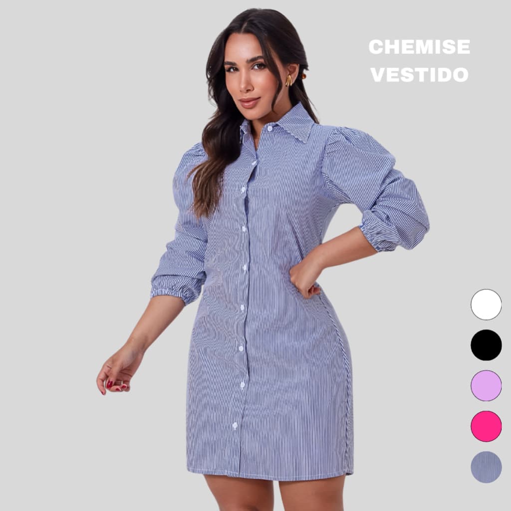 Chemise Vestido Curto Social Casual Manga Longa