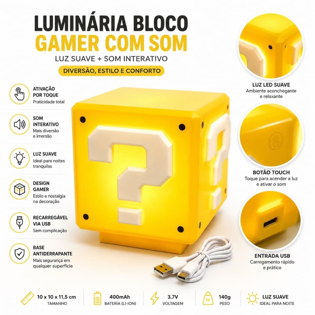 Luminária Bloco Super Mario Bros com Som Abajur Gamer LED Decoração Quarto