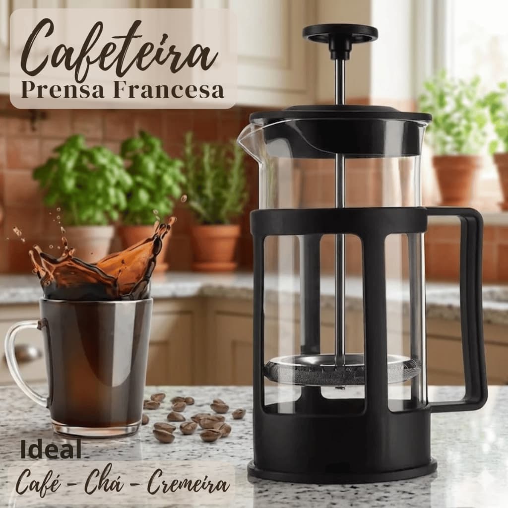 Cafeteira Prensa Francesa Manual Vidro Preta 300 ml e 600 ml Infusor De Cafe Expresso Chá Cremeira