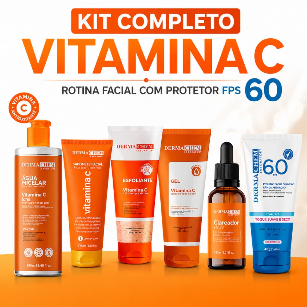 Kit Completo Vitamina C Dermachem Água Micelar Sabonete Esfoliante Gel Sérum + Protetor FPS 60