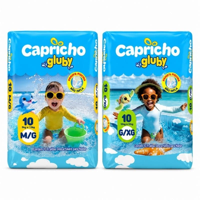 Fralda Descartável Para Nadar Capricho Gluby Piscina e Praia M/G e G/XG - C/10 Un. Não Infla Na Água