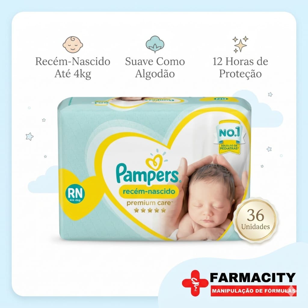 Fralda Pampers Premium Care RN Até 4kg 36 Unidades Hipoalergênica Ultra Macia Fralda Descartável Recém Nascido