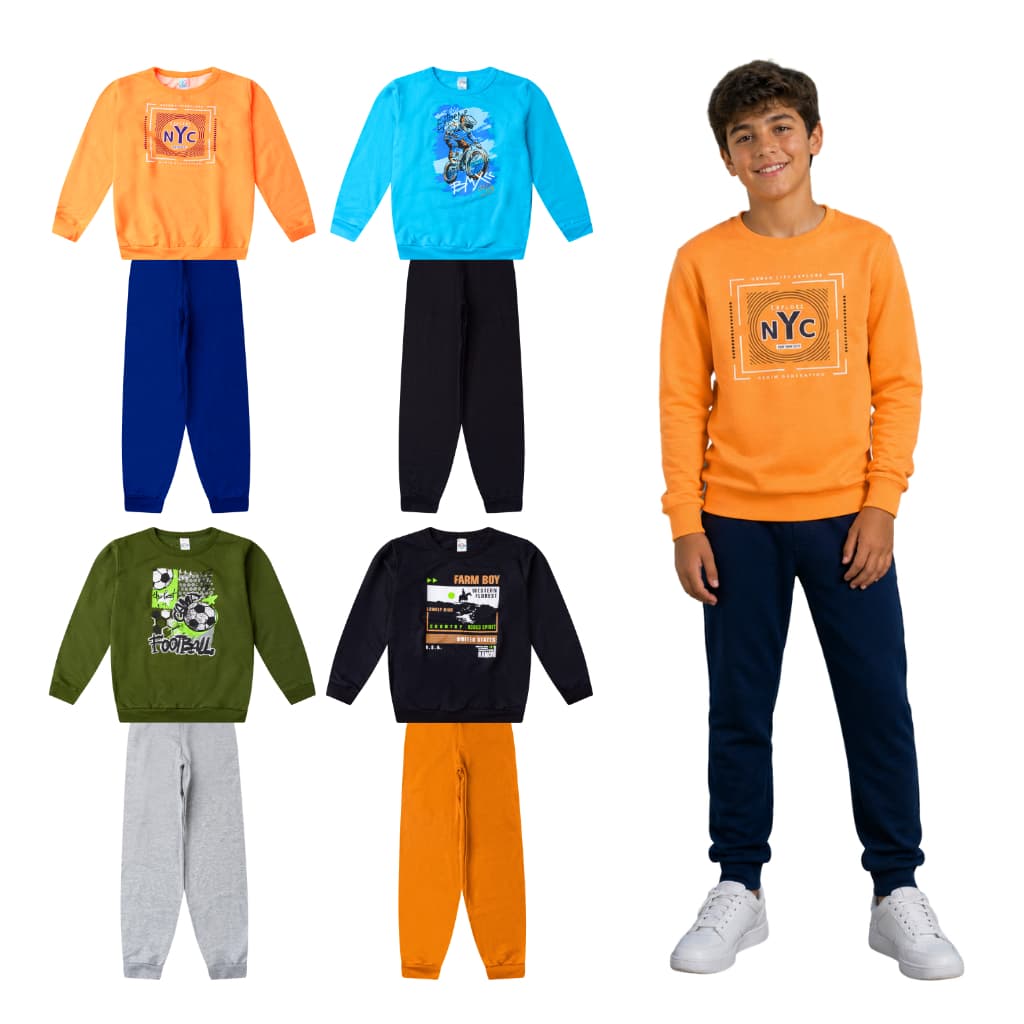 Kit 4 Peças Moletom Infantil Menino Inverno Conjunto 1 ao 14 Masculino Manga Longa Gola Careca