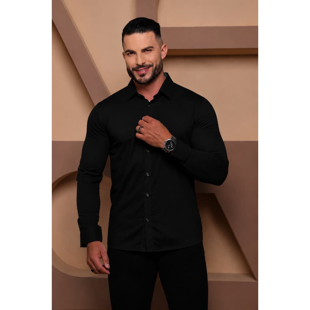 Camisa Social Masculina Slim Fit Elastano Premium Tecido Tecnológico Não Amassa