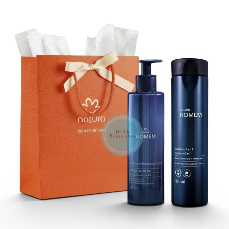 Presente Natura Homem Clássico: Shampoo 2 em 1 300 ml +Hidratante Corporal 300 ml + Sacola