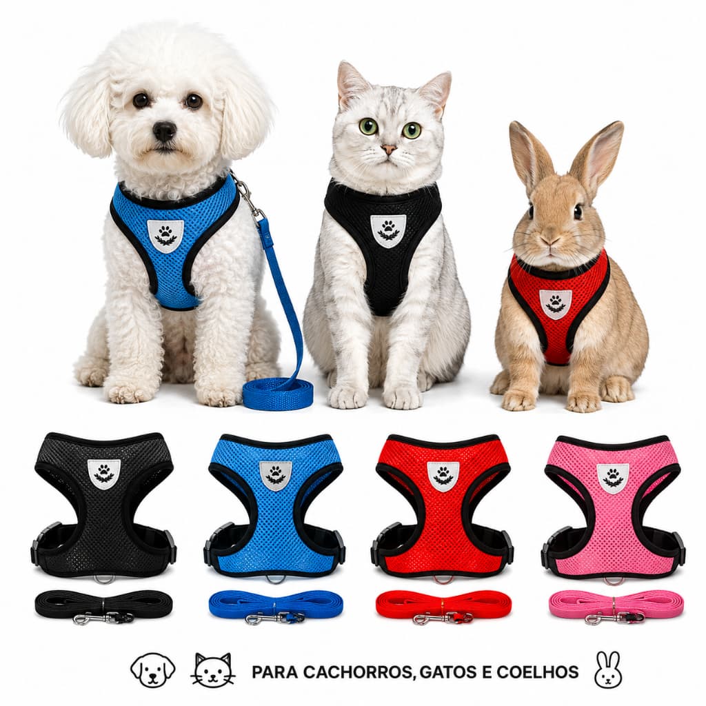 Peitoral Coleira + Guia para Cães Coelhos Gatos Ajustavel Confortavel Respiravel Seguro Pet Pequeno