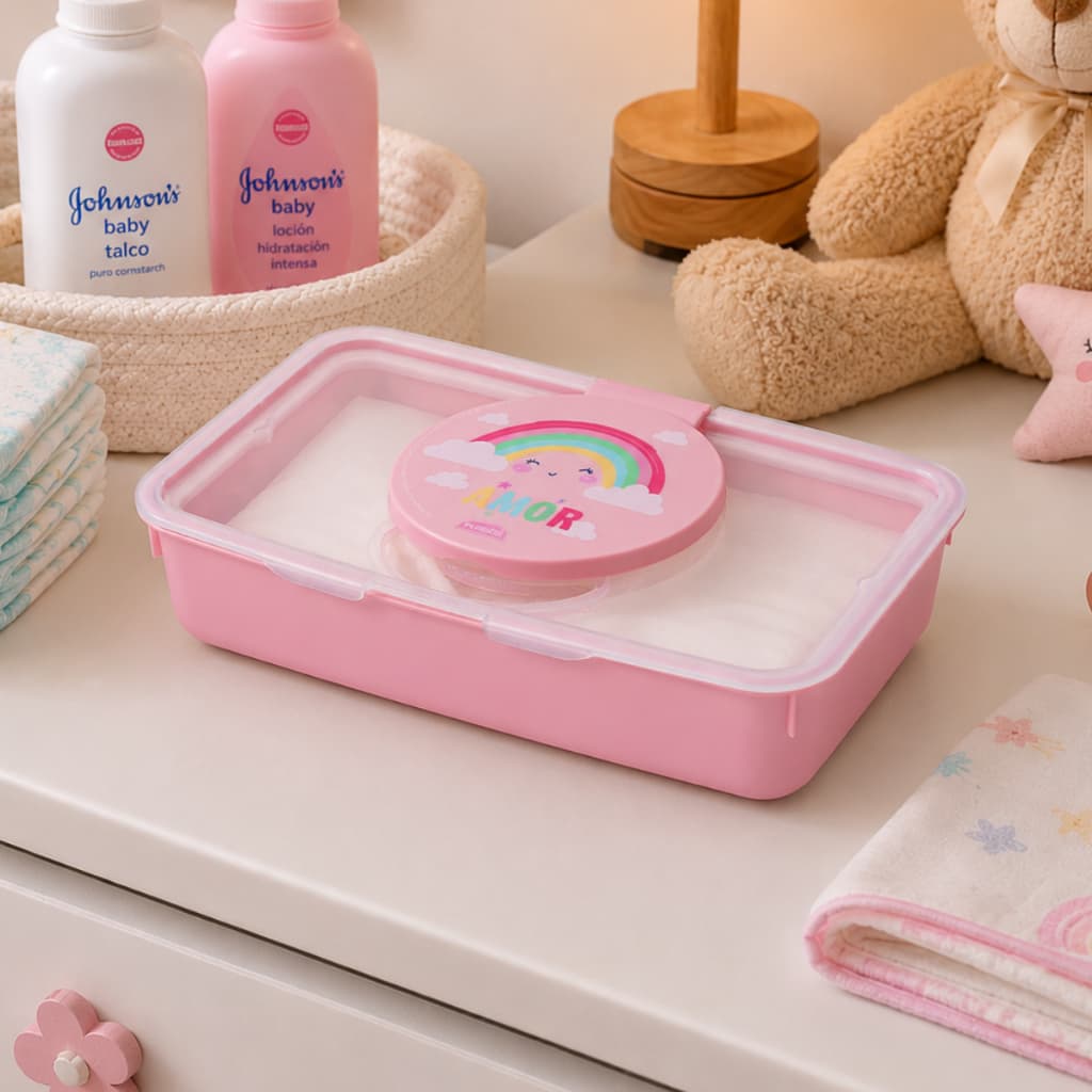 Porta Lenços Umedecidos Bebê com Vedação Arco Iris Rosa