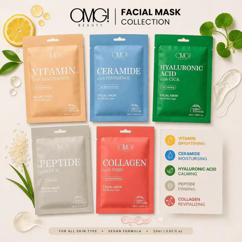 Kit 3 Máscara Facial OMG Beauty Coreana Hidratante Clareadora Ácido Hialurônico Niacinamida Colágeno Anti-Idade Skincare