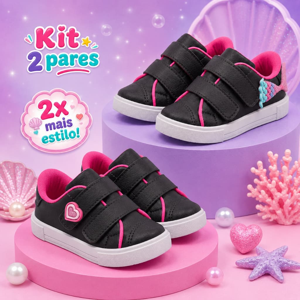 Kit Tênis Infantil Menina Sereia Calçado Leve Confortável Escolar