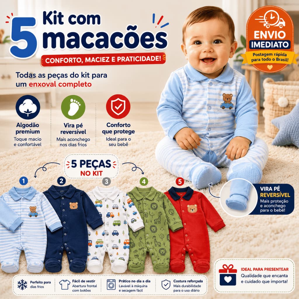 Kit 5 Macacões Bebê Menino Algodão Vira Pé Inverno Estampado Macio Confortável Enxoval