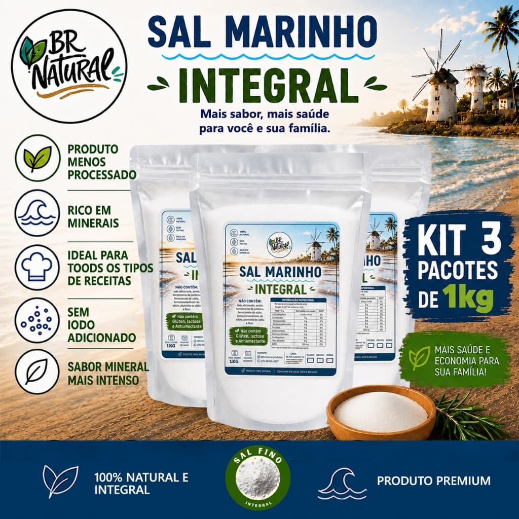 Sal Integral Marinho MOÍDO Sem IODO Ferrocianeto Antiumectante Mossoro Premium