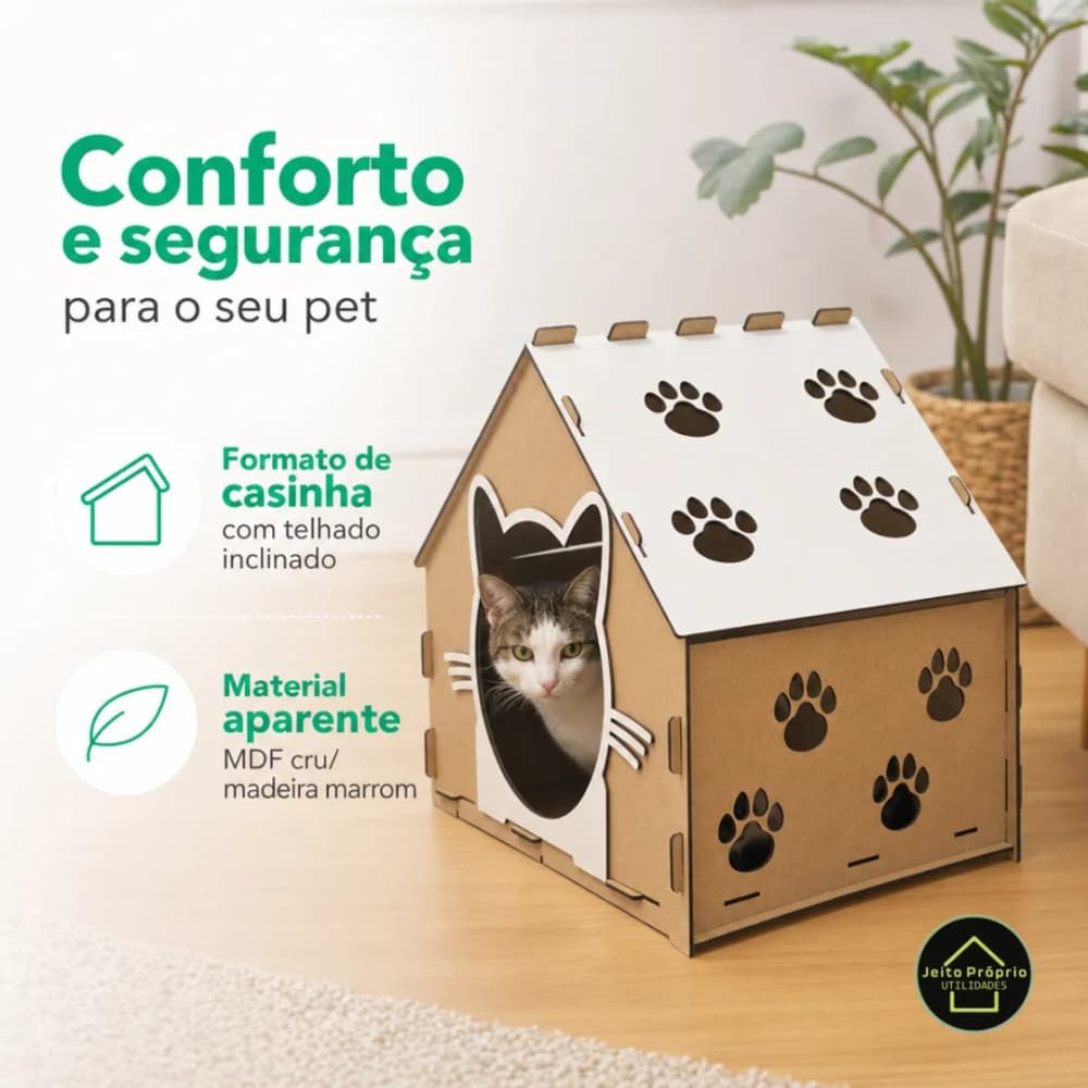 Casinha de Gato Toca Decorativa com Telhado Arranhador Carpete Casa Pet Montagem Facil