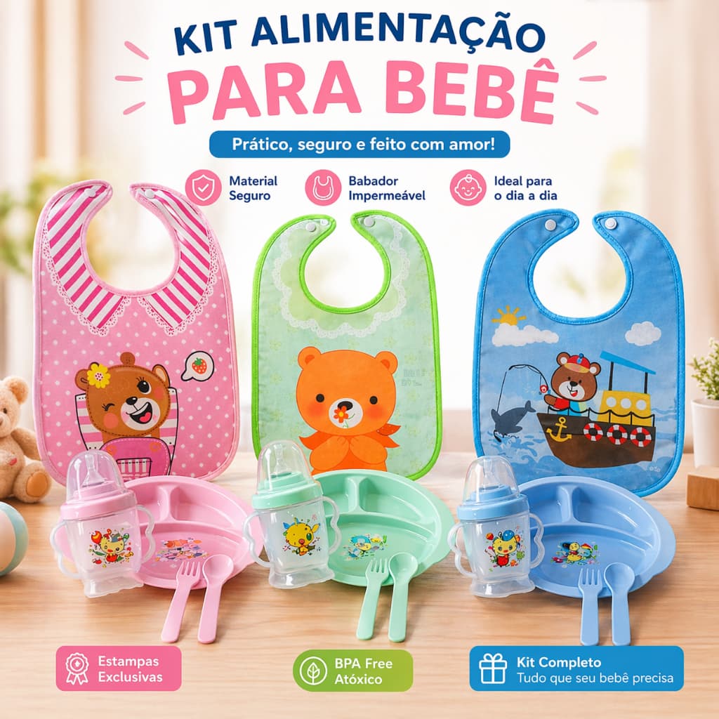 Kit Alimentação Bebê Completo Prato Divisória Copo Bico Mamadeira Talheres Babador c/ Bolso