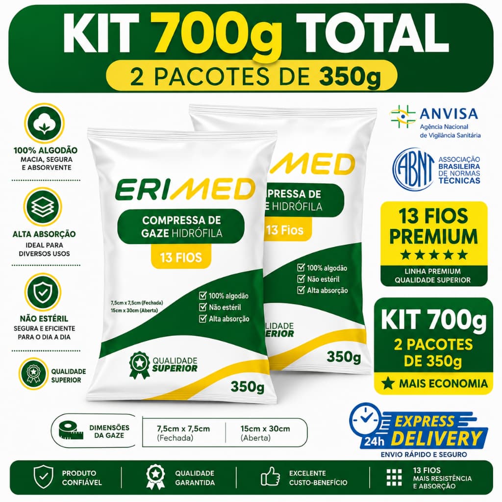 Kit 2 Compressa De Gaze 13 Fios 350 Gramas Pacote Hidrófila Gazes Descartável Anvisa 700g