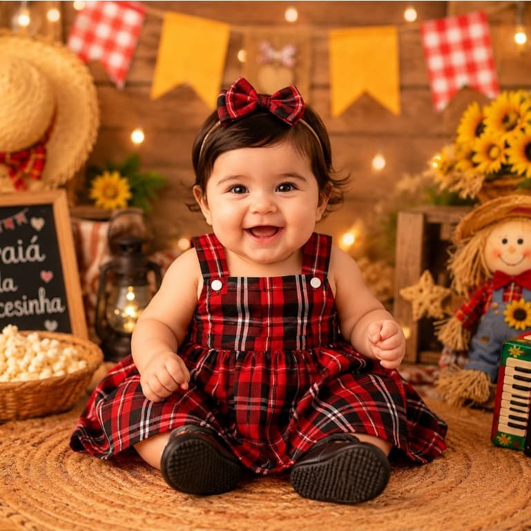 Vestido Junino/Julino Bebê Menina Xadrez com Calcinha Tapa Fralda Arraia das Mini Bloueiras