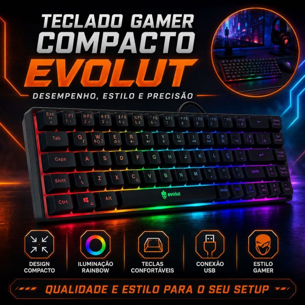 Teclado Gamer Semi Mecânico 60% com Fio Preto Led Rgb Abnt2 Usb Pc Computador Videogame Pequeno