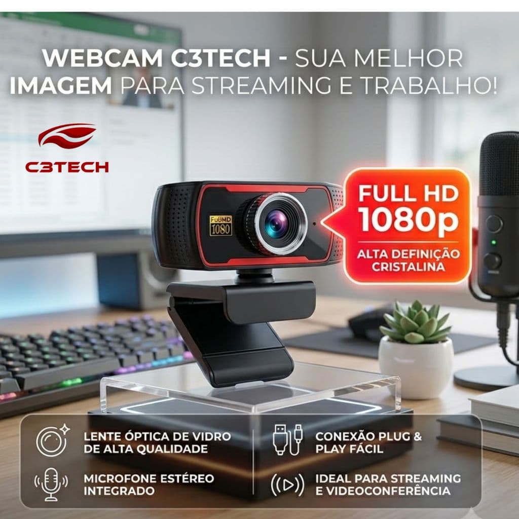 Webcam C3tech Camera Usb Wb-100bk Full Hd 1080p 30FPS Microfone USB
