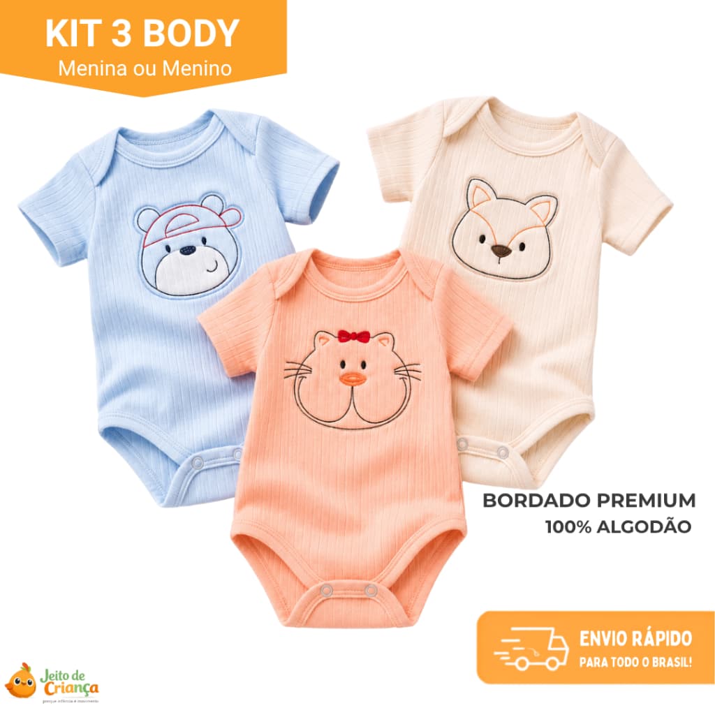 Kit 3 Body Bebê Bordado Riscadinho 100% Algodão Manga Curta Gola Envelope Confortável Menino Menina