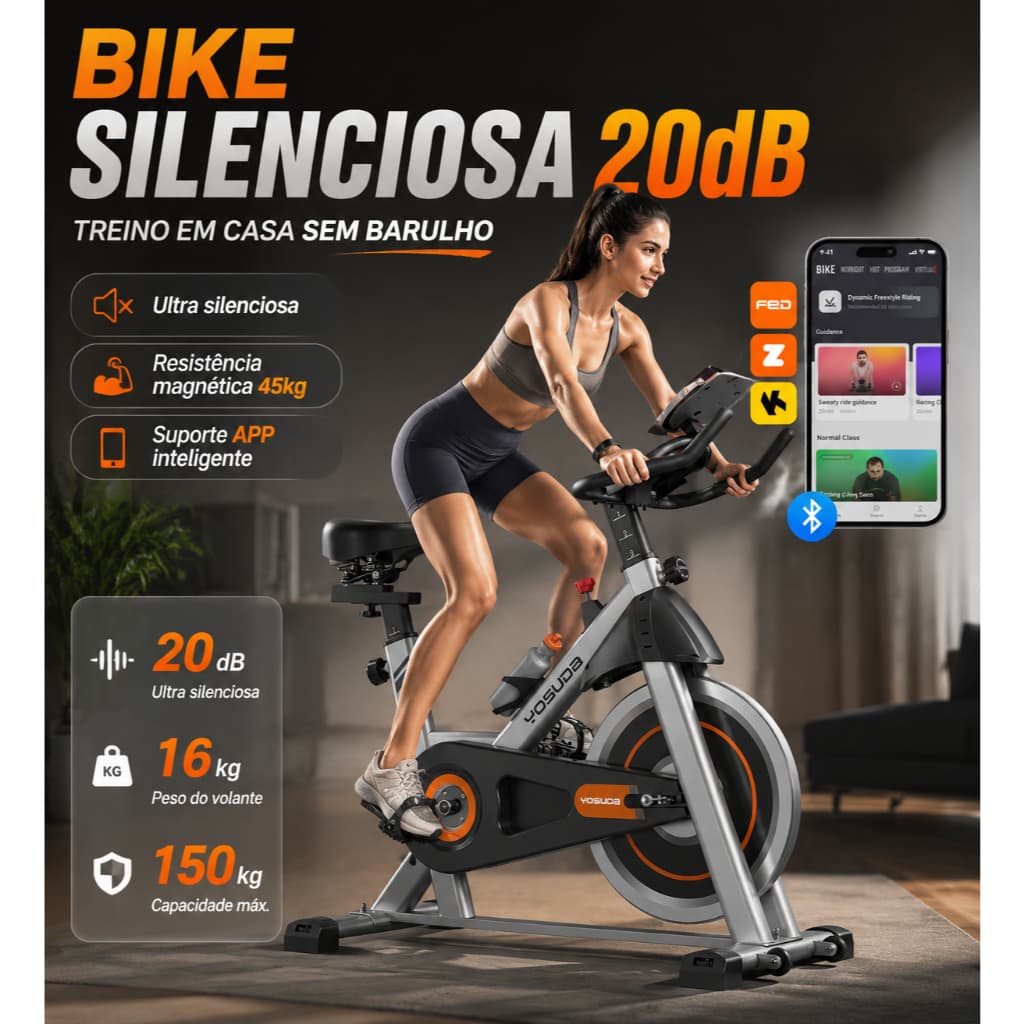 Bicicleta Ergométrica 150kg Spinning Magnética 5 em 1 Bluetooth Silenciosa Monitor LCD para Casa