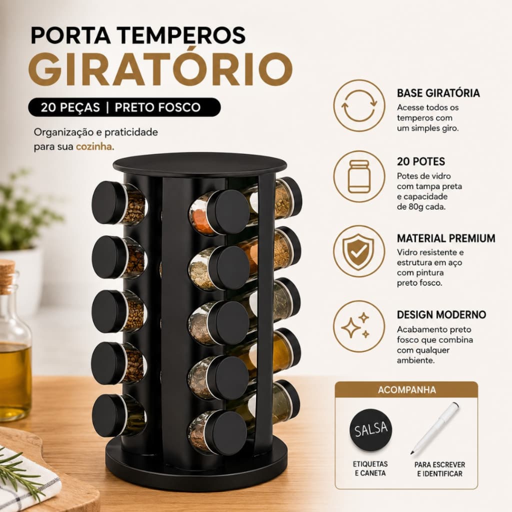 PORTA TEMPERO CONDIMENTOS  20 GIRATORIO PRETO REDONDO - SHARK BLUE