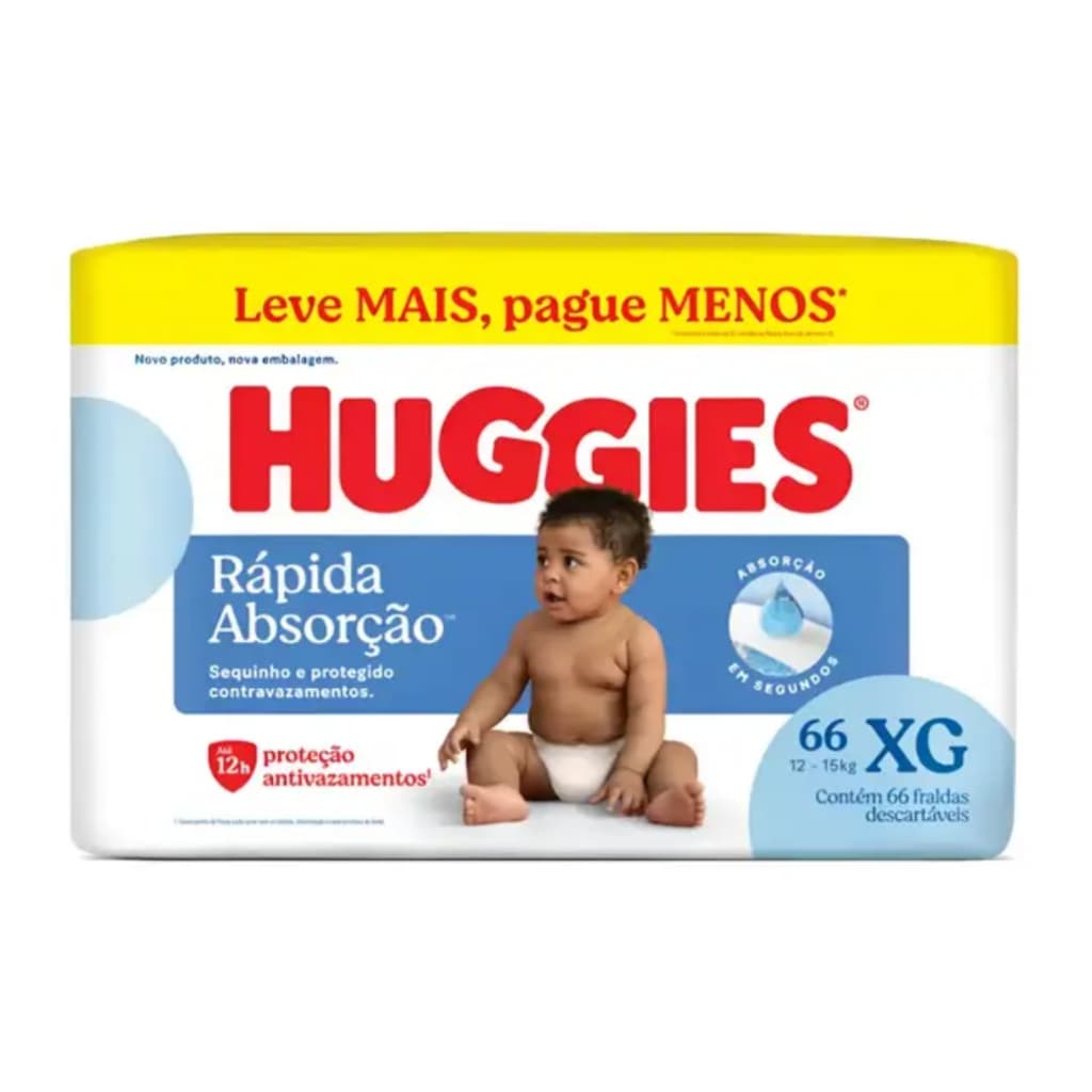 Fralda Huggies Rápida Absorção XG 66 Unidades Descartável Conforto e Proteção para Bebê