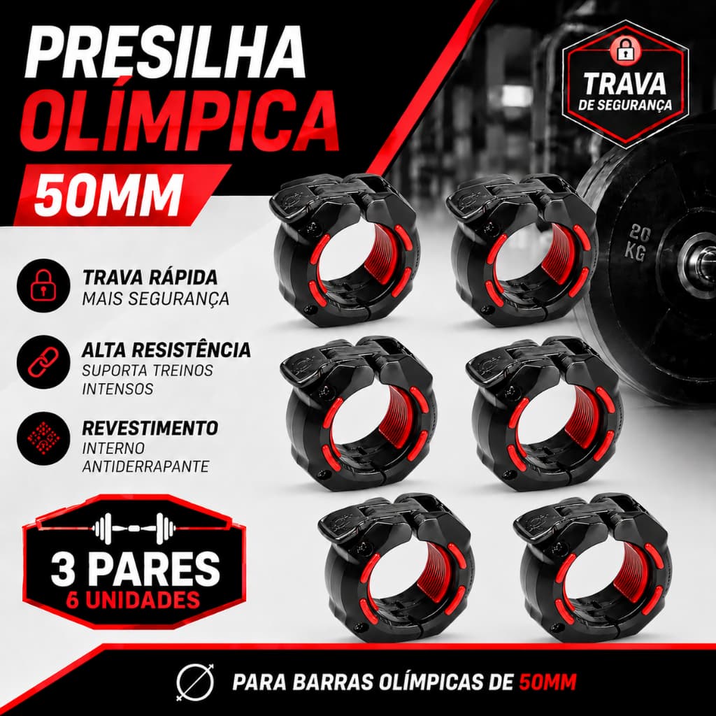 3 Pares Presilha Barra 50mm Olímpica Lock Press One Grampo Halter CrossFit Academia Musculação Trava