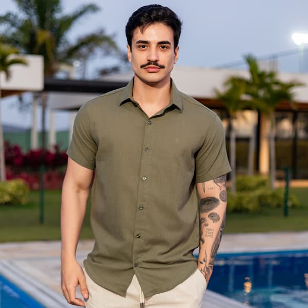 Camisa Social Manga Curta Masculina Linho Elegante Slim Fit Premium