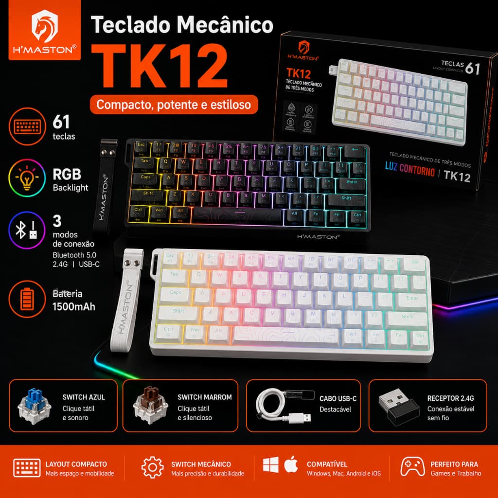 Teclado Mecânico Gamer RGB 61 Teclas Bluetooth 2.4G USB Switch Azul Marrom TK12
