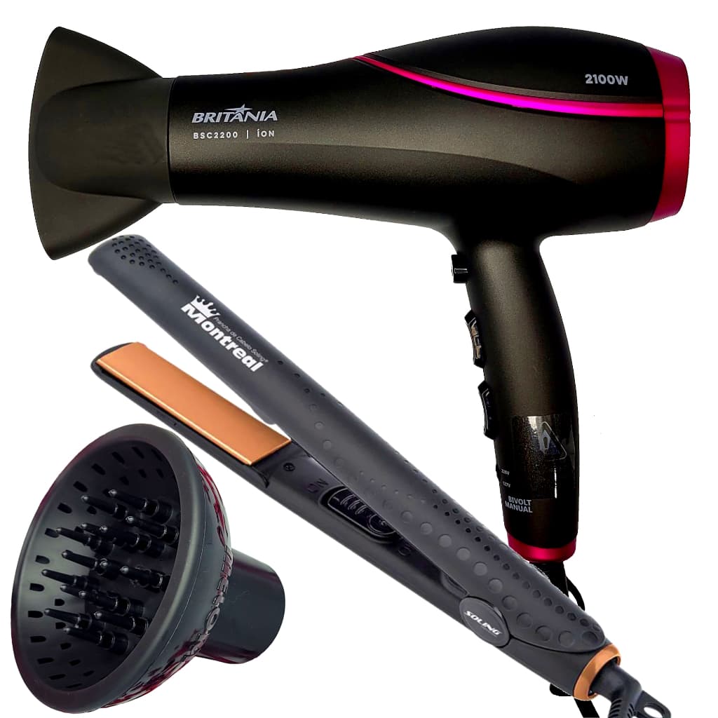 Secador De Cabelo Britania 2100w Profissional Ar Quente Frio Bs22 Difusor Cachos Prancha Cerâmica 210ºc Bivolt