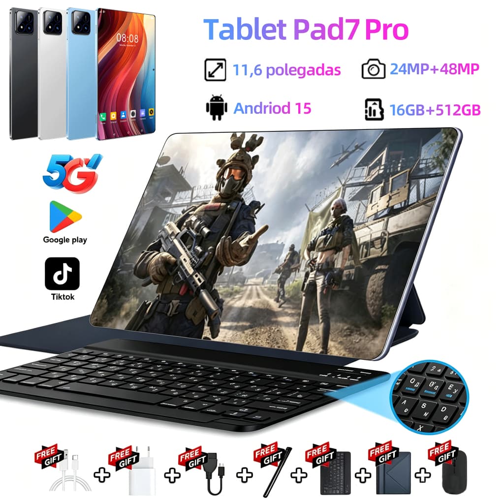 【Teclado e mouse grátis】Tablet PAD7 Pro11.6 polegadas HD 16GB+512GB Android 5G, Wi-Fi, Bluetooth 8800mAh