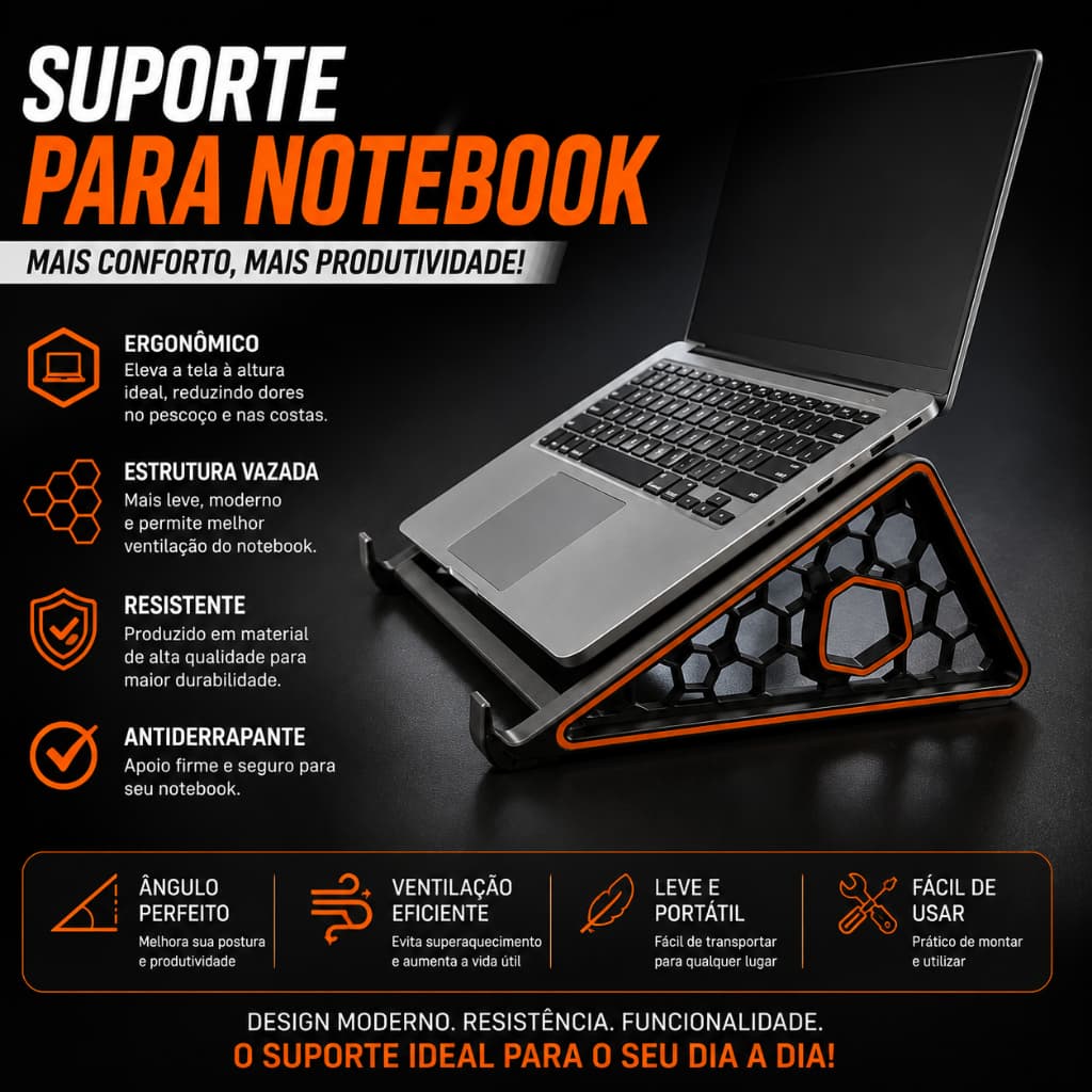 suporte para notebook, suporte ergonômico, notebook até 17, suporte gamer, base ventilada, home office, suporte notebook