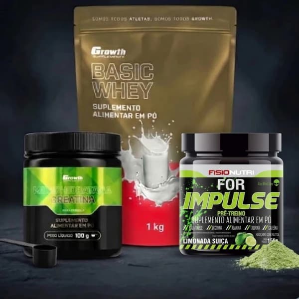 Kit Whey 1kg + Creatina 100gr + Pré-Treino For Impulse 150gr GR0WTH SUPLEMENTOS
