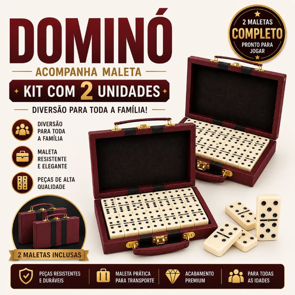KIT 1 ou 2 Jogo Domino de Osso Profissional 28 Peças Grandes com Maleta Luxo Estojo para Transporte Família