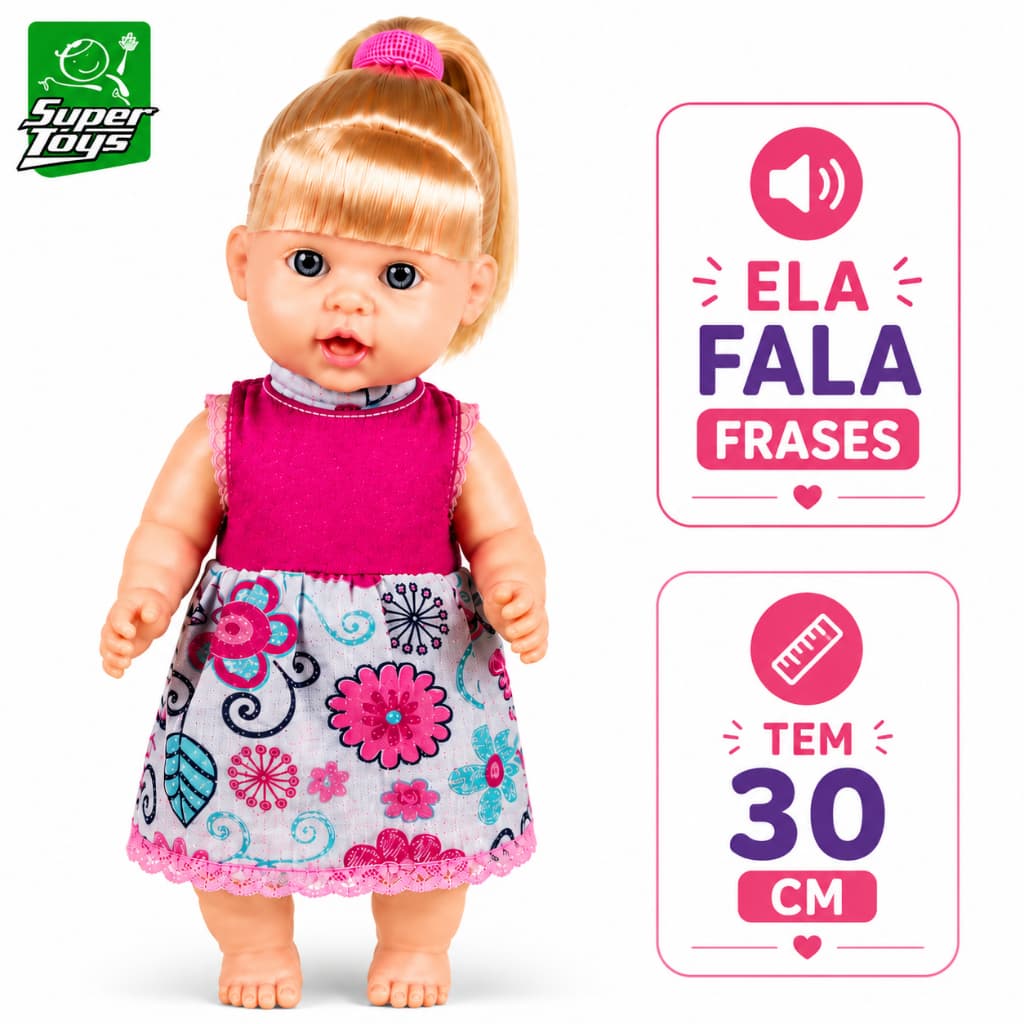 Boneca Nolly Fala Frases Educativas 30cm Com Roupinha Articulada Com Cabelo loiro Menina Super Toys