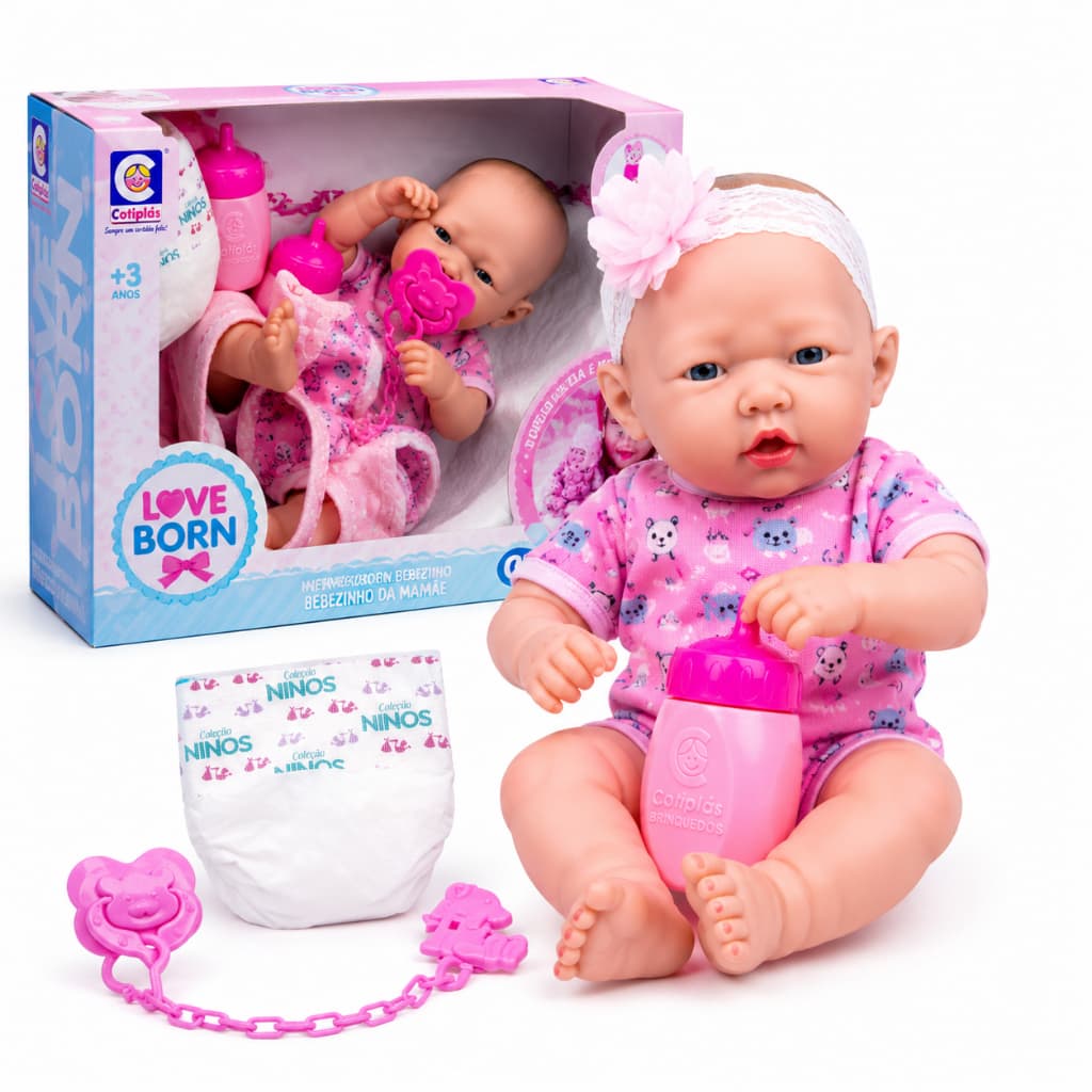 Boneca Bebe Reborn Bebezinho Da Mamãe Com Acessórios 35cm Vínil Articulada Mamadeira Fralda Cotiplas