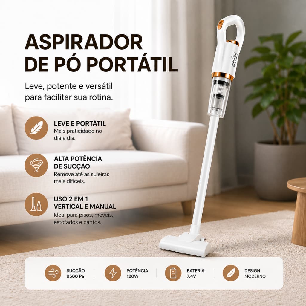 Aspirador de Pó Vertical e Portátil Sem Fio Recarregável para Casa Carro e Estofados Edição Premium