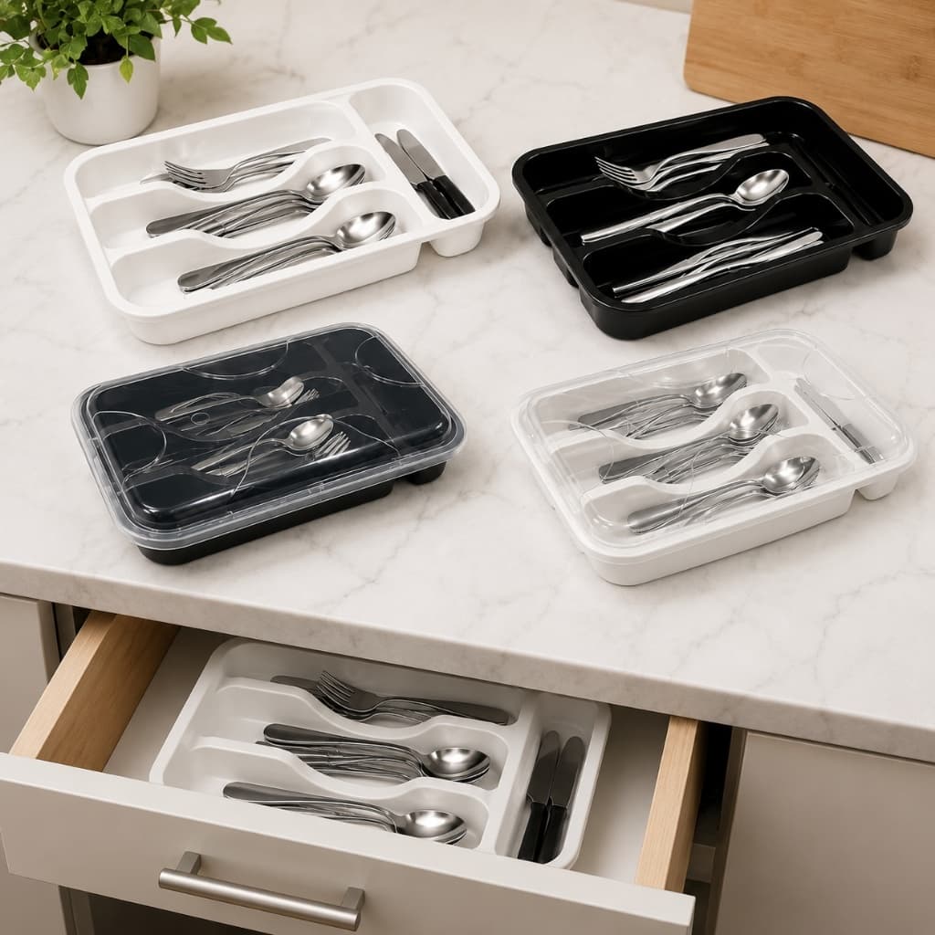 OFERTA Porta Talher Organizador Gaveta 4 Divisórias Resistente Com ou Sem Tampa Cozinha Casa Multiuso