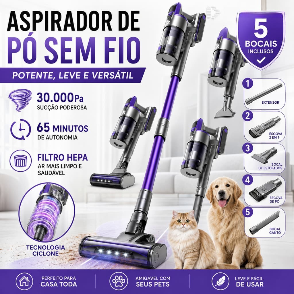 Aspirador Sem Fio 4 em 1 Redroad X18 30000Pa, Aspirador de Pó Automotivo para Casa, Carro e Pelos de Animais