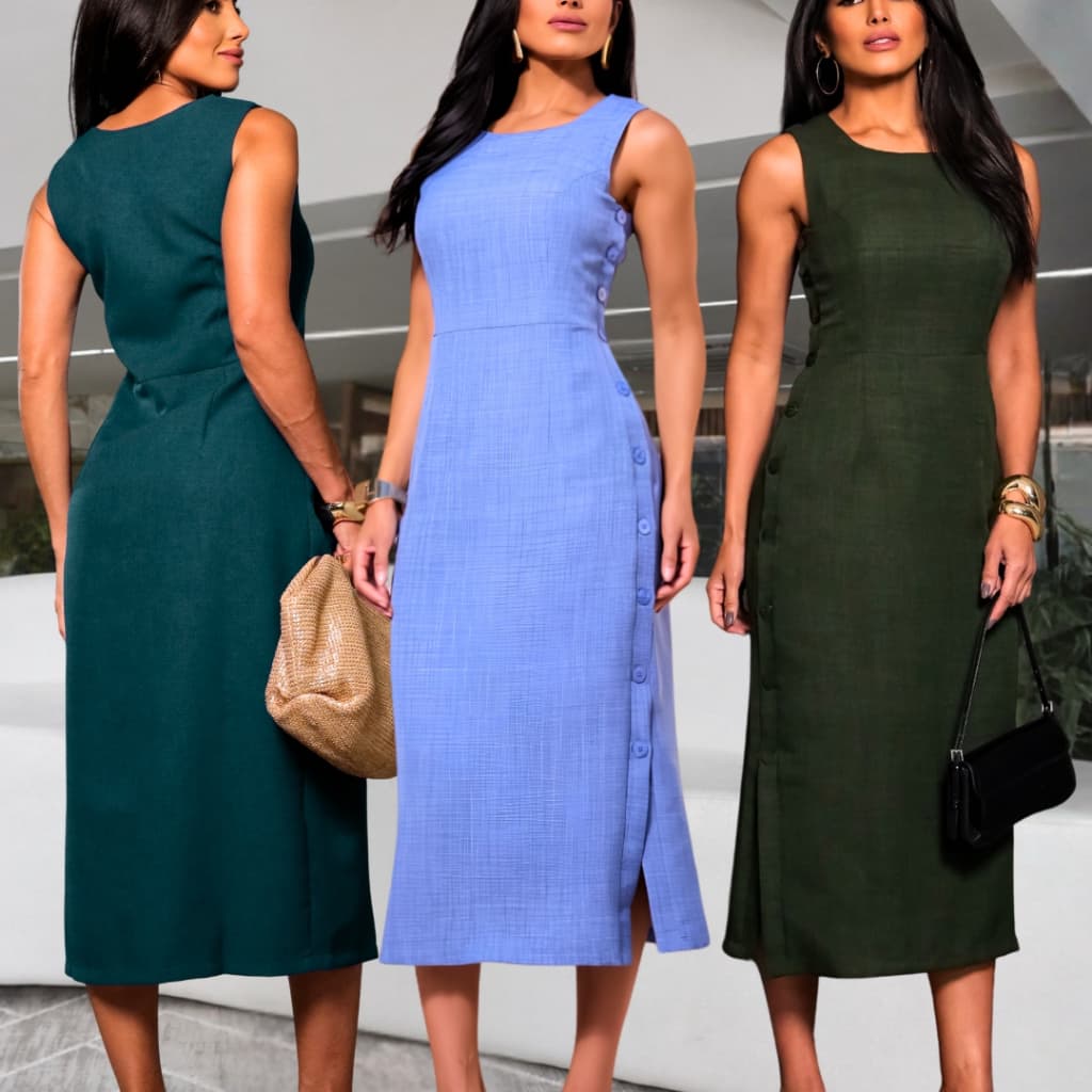 vestido tubinho elegante com fenda forrado e botões laterais funcionais em linhão premium