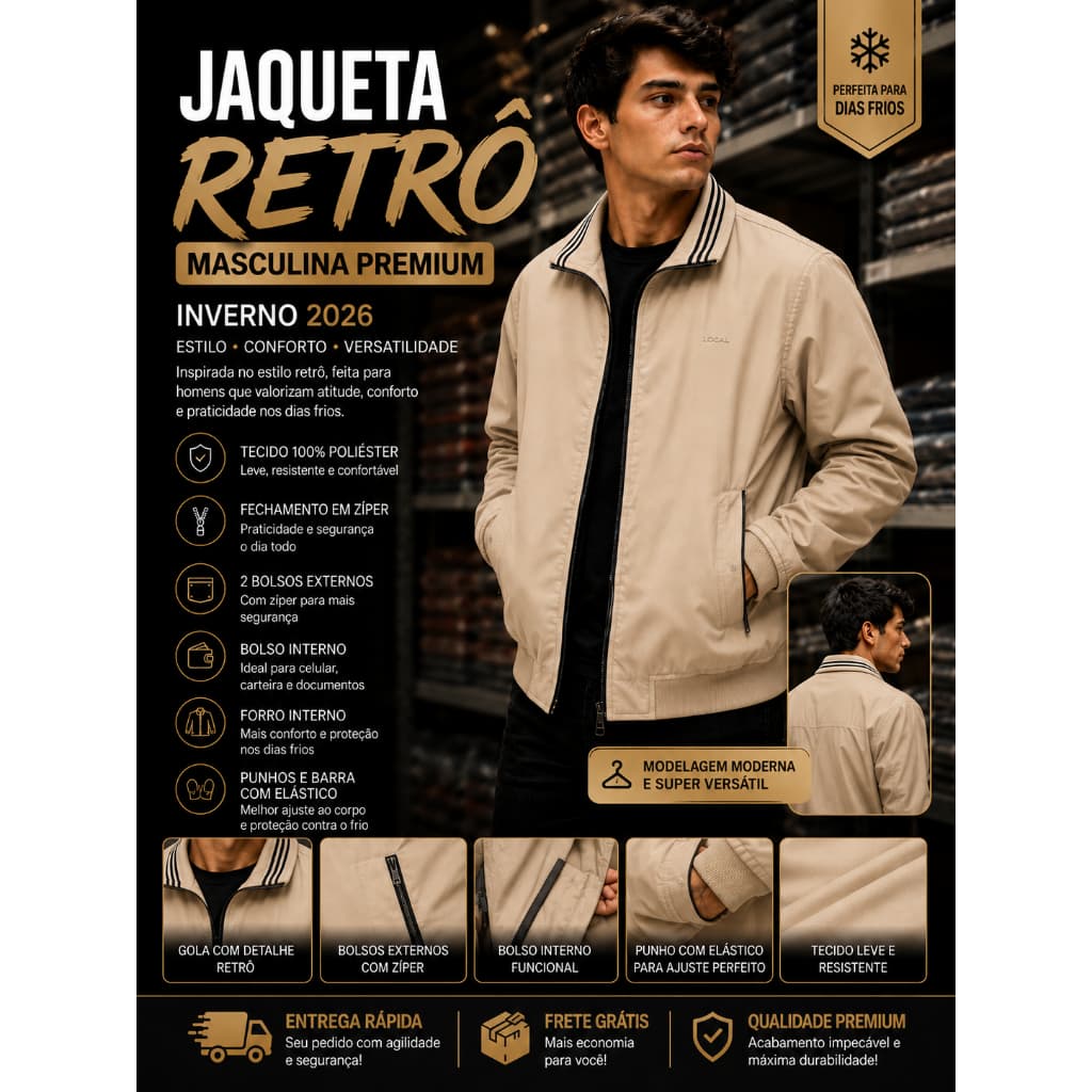 Jaqueta Masculina Sarja Premium Gola Listrada Forro Interno Zíper Bolsos Casual Inverno